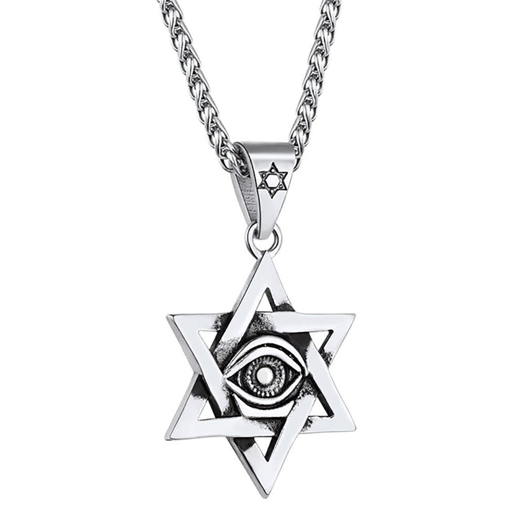 GUNGNEER Stainless Steel All Seeing Eye David Star Necklace Jewish Pendant Jeweley For Men