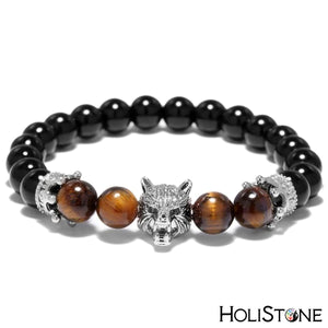 HoliStone Punky Style Bracelet with Cool Animal Wolf Head and Natural Stones for Men ? Anxiety Stress Relief Yoga Meditation Energy Balancing Lucky Charm Bracelet for Women