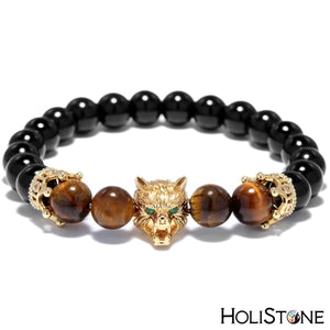HoliStone Punky Style Bracelet with Cool Animal Wolf Head and Natural Stones for Men ? Anxiety Stress Relief Yoga Meditation Energy Balancing Lucky Charm Bracelet for Women