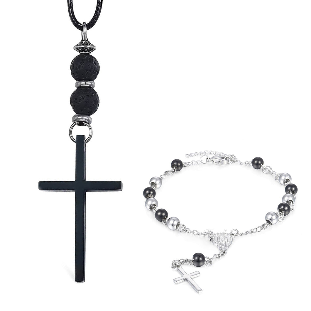 GUNGNEER Stainless Steel Christ Cross Leather Necklace Rosary Beaded Bracelet Jewelry Set