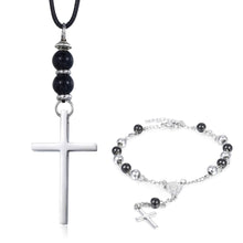 Load image into Gallery viewer, GUNGNEER Stainless Steel Christ Cross Leather Necklace Rosary Beaded Bracelet Jewelry Set