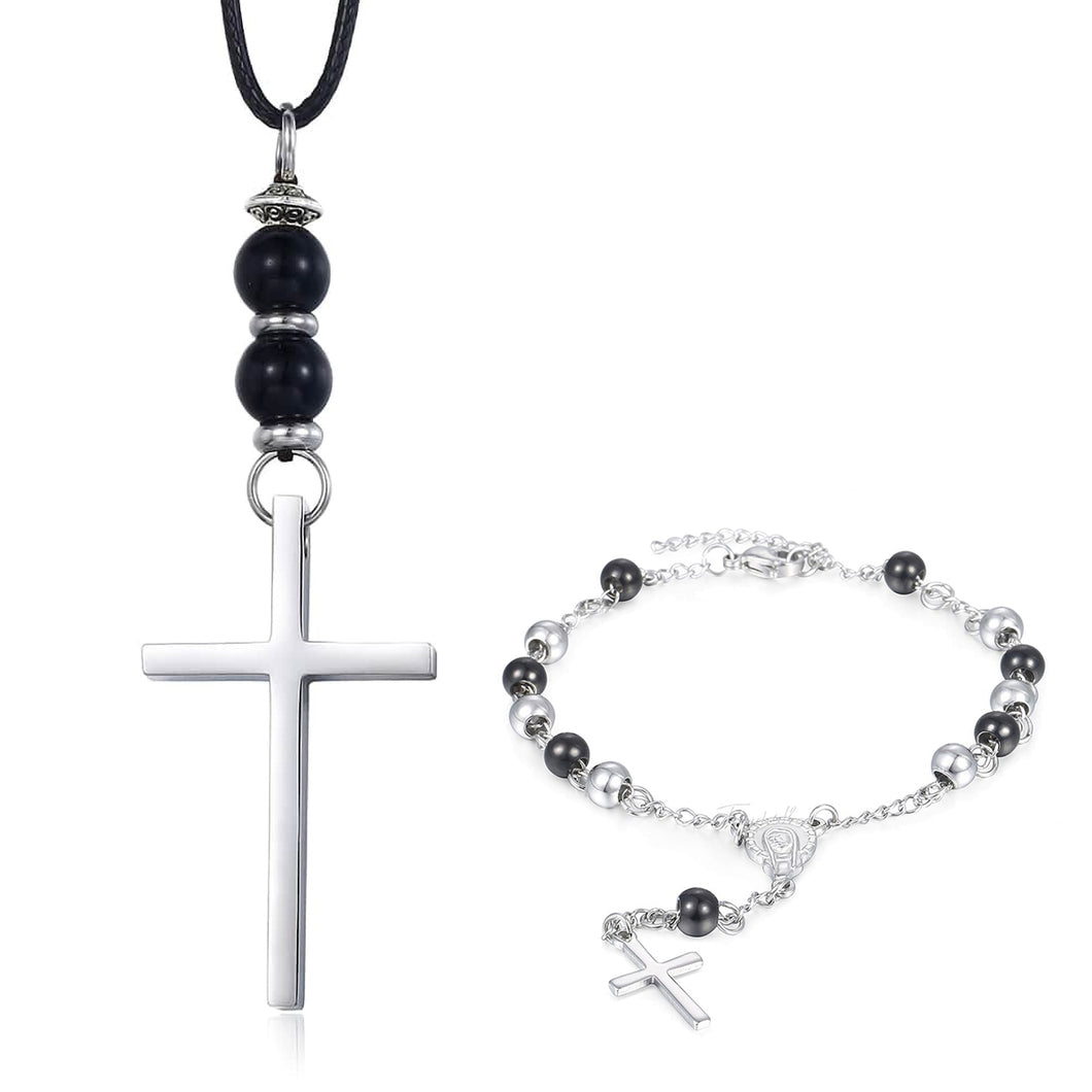 GUNGNEER Stainless Steel Christ Cross Leather Necklace Rosary Beaded Bracelet Jewelry Set