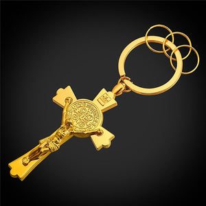 GUNGNEER Men Stainless Steel Pray Cross Necklace Jesus Saint Benedict Medal Keychain Jewelry Set