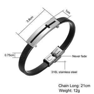 GUNGNEER Leather Stainless Steel Cross Bracelet Christian Jewelry Accessory For Men Women