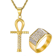 Load image into Gallery viewer, GUNGNEER Egypt Key Life Ankh Cross Pendant Necklace Geometric Ring Stainless Steel Jewelry Set