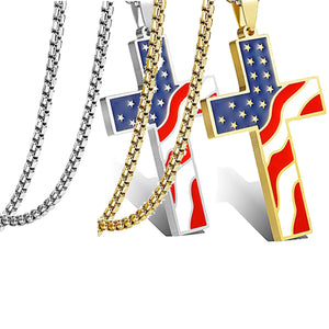GUNGNEER Stainless Steel Christian Cross Amerian Flag Necklace God Jewelry For Men Women