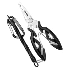 Load image into Gallery viewer, 2TRIDENTS Multifunctional Fishing Pliers Scissors Line Cutter Hook Remover Fishing Clamp Accessories Tools with Lanyards Spring Rope (Black)