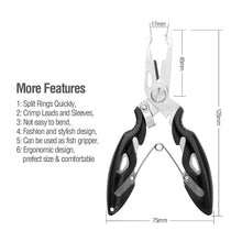 Load image into Gallery viewer, 2TRIDENTS Multifunctional Fishing Pliers Scissors Line Cutter Hook Remover Fishing Clamp Accessories Tools with Lanyards Spring Rope (Black)