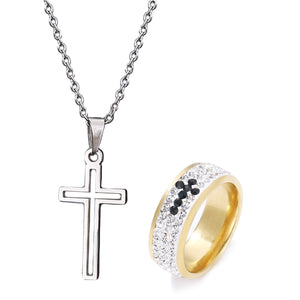 GUNGNEER Stainless Steel Cross Necklace God Jesus Vintage Ring Jewelry Gift Set Women