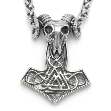 ENXICO Ram Skull Thor's Hammer Pendant with Valknut Symbol Necklace ? Stainless Steel ? Nordic Scandinavian Authentic Viking Jewelry