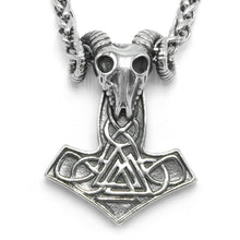 Load image into Gallery viewer, ENXICO Ram Skull Thor&#39;s Hammer Pendant with Valknut Symbol Necklace ? Stainless Steel ? Nordic Scandinavian Authentic Viking Jewelry (19.7)