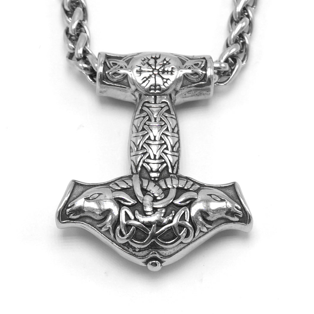 ENXICO Thor's Hammer Mjolnir Pendant Necklace with Two Goat Head Pattern and Helm of Awe Symbol ? 316L Stainless Steel ? Nordic Scandinavian Viking Jewelry