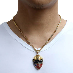 GUNGNEER Stainless Steel Skull US America Flag Mask Necklace Pendant Jewelry Men Women