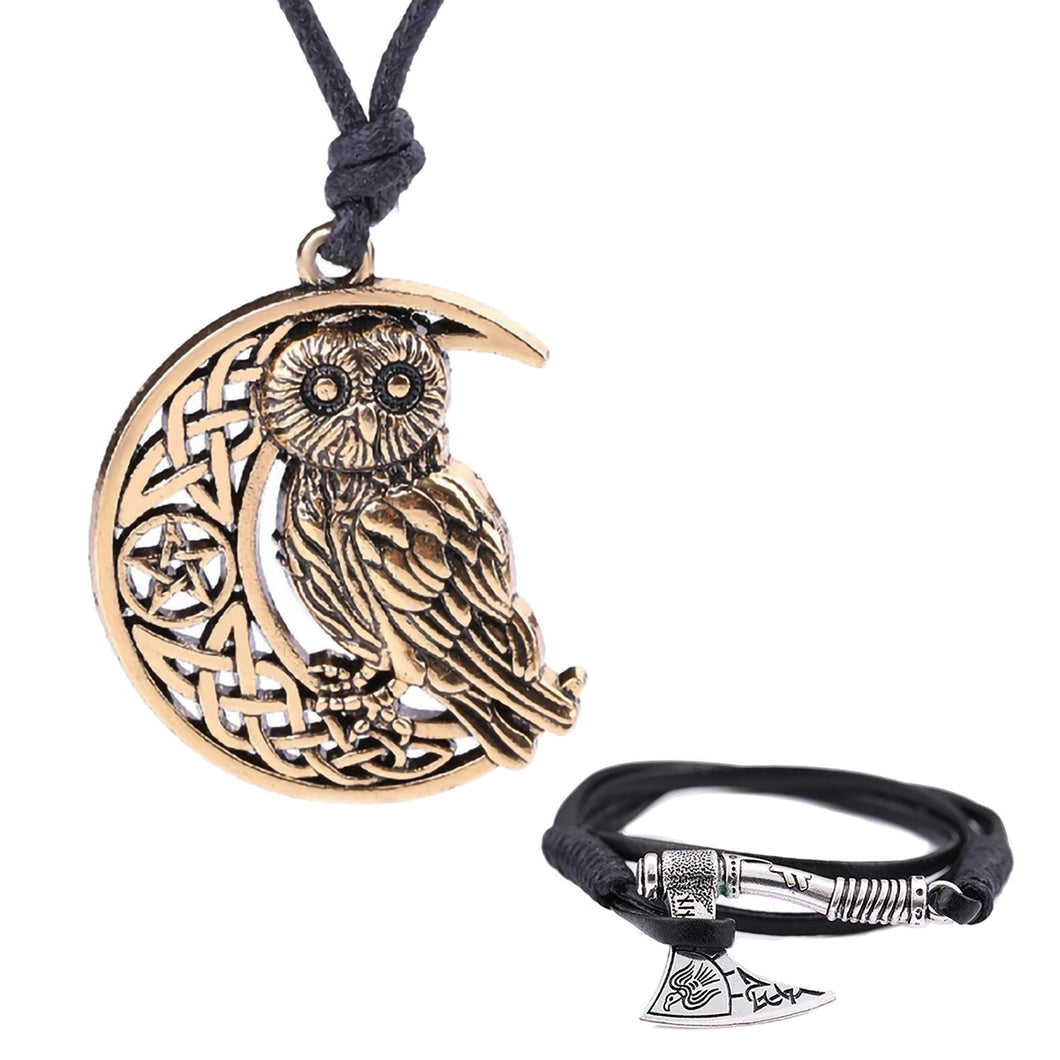 GUNGNEER Crescent Moon Celtic Owl Wicca Pentagram Necklace Viking Axe Bracelet Jewelry Set
