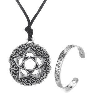 GUNGNEER Rose Pentacle Pentagram Wicca Pendant Necklace Open Cuff Bracelet Vintage Jewelry Set