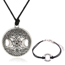 Load image into Gallery viewer, GUNGNEER Wicca Pentacle Moon Tree of Life Necklace Black Wax Cord Bracelet Amulet Jewelry Set