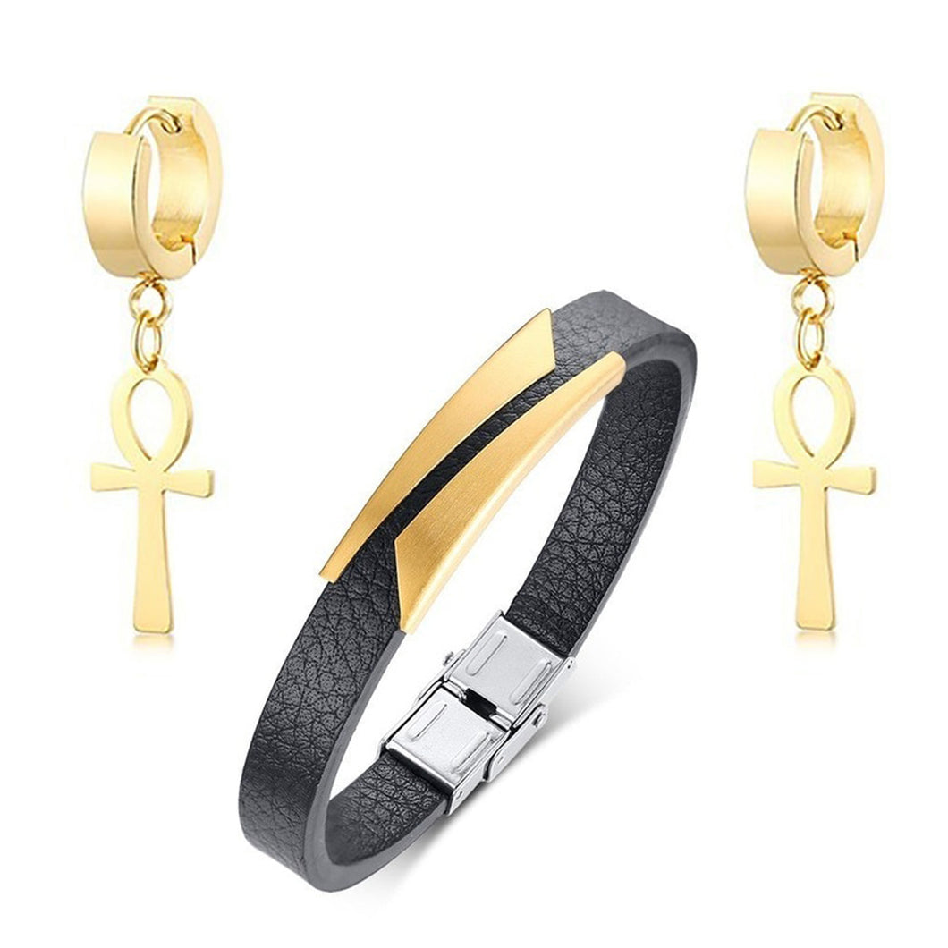 GUNGNEER Ankh Cross Stainless Steel Earrings Leather Bracelet Egyptian Pyramid Jewelry Set