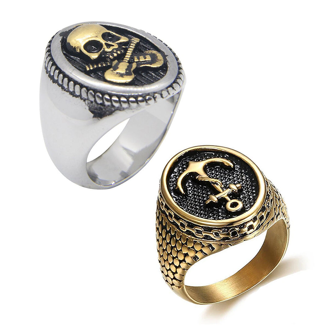 GUNGNEER Stainless Steel US Navy Anchor Guitar Ring Set Military Jewelry Combo For Men