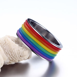 GUNGNEER LGBT Rainbow Flag Ring Stainless Steel Lesbian Gay Jewelry For Men Women
