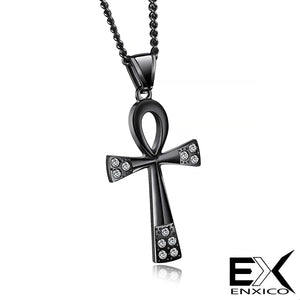 ENXICO Ankh Cross Ancient Egyptian Life Symbol Pendant Necklace ? 316L Stainless Steel ? Ancient Egyptian Hieroglyphic Jewelry (Black)