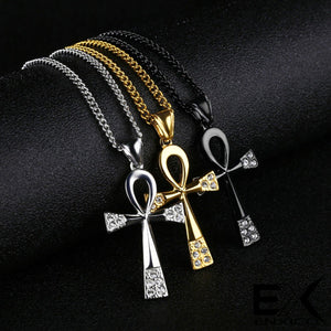 ENXICO Ankh Cross Ancient Egyptian Life Symbol Pendant Necklace ? 316L Stainless Steel ? Ancient Egyptian Hieroglyphic Jewelry (Black)