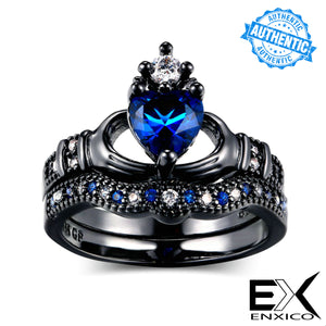 ENXICO Black and Blue Caddagh Heart Ring Set for Women ? 316L Stainless Steel ? Irish Celtic Jewelry
