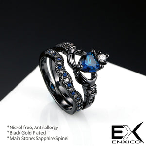 ENXICO Black and Blue Caddagh Heart Ring Set for Women ? 316L Stainless Steel ? Irish Celtic Jewelry