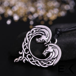 ENXICO Celtic Knot Horse Couple Heart Shape Amulet Pendant Necklace ? Silver Color ? Irish Celtic Jewelry