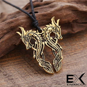 ENXICO Double Norse Viking Dragon Pendant Necklace ? Mythological Animal Spirit Symbol ? Nordic Scandinavian Jewelry