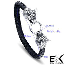 Load image into Gallery viewer, ENXICO Fenrir Wolf Head Leather Bracelet ? 1 Size - 9.25 inches ? 316L Stainless Steel ? Norse Scandinavian Viking Jewelry