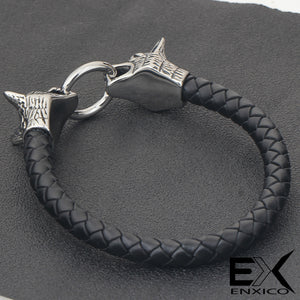 ENXICO Fenrir Wolf Head Leather Bracelet ? 1 Size - 9.25 inches ? 316L Stainless Steel ? Norse Scandinavian Viking Jewelry