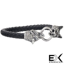 Load image into Gallery viewer, ENXICO Fenrir Wolf Head Leather Bracelet ? 1 Size - 9.25 inches ? 316L Stainless Steel ? Norse Scandinavian Viking Jewelry