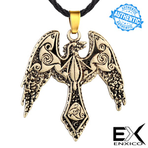 ENXICO Flying Raven Amulet Pendant Necklace with Triskele Spiral Pattern ? Gold Color ? Norse Scandinavian Viking Jewelry