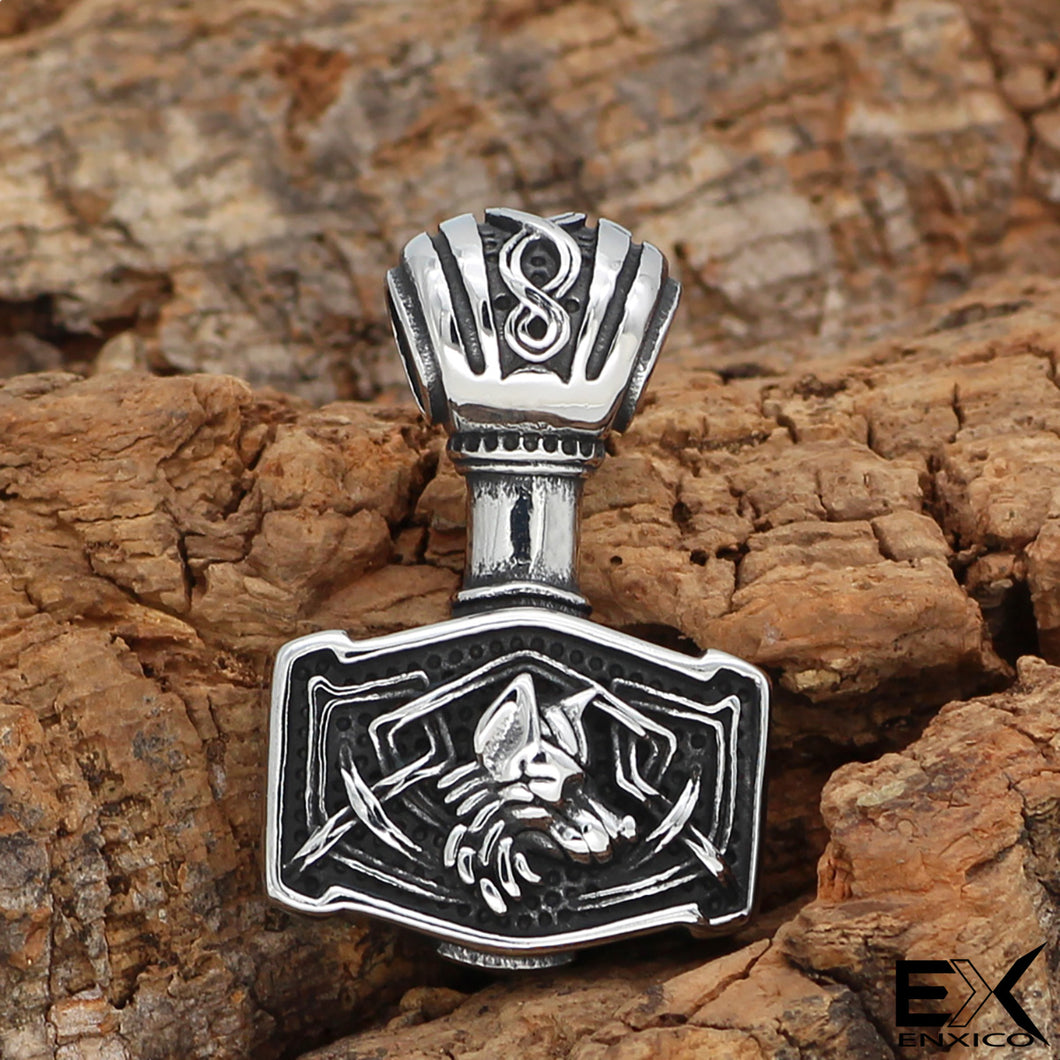 ENXICO Mjolnir Pendant Necklace with Wolf Head Pattern ? 316L Stainless Steel ? Nordic Scandinavian Viking Jewelry