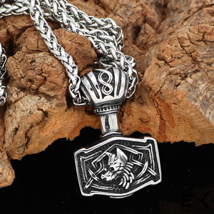 ENXICO Mjolnir Pendant Necklace with Wolf Head Pattern ? 316L Stainless Steel ? Nordic Scandinavian Viking Jewelry