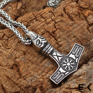 ENXICO Mjolnir Thor's Hammer Pendant Necklace with Helm of Awe Pattern ? 316L Stainless Steel ? Nordic Scandinavian Viking Jewelry