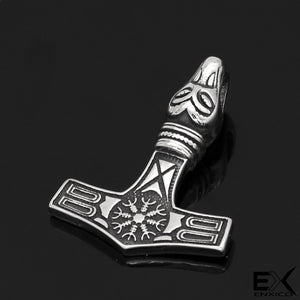 ENXICO Mjolnir Thor's Hammer Pendant Necklace with Helm of Awe Pattern ? 316L Stainless Steel ? Nordic Scandinavian Viking Jewelry