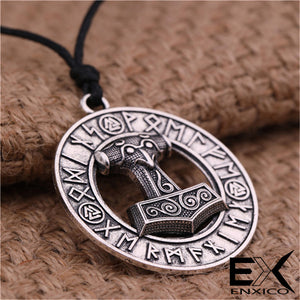 ENXICO Mjolnir Thor's Hammer Pendant Necklace with Surrounding Rune Circle ? Gold Color ? Nordic Scandinavian Viking Jewelry