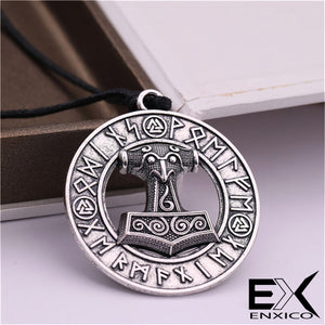 ENXICO Mjolnir Thor's Hammer Pendant Necklace with Surrounding Rune Circle ? Gold Color ? Nordic Scandinavian Viking Jewelry