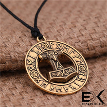 Load image into Gallery viewer, ENXICO Mjolnir Thor&#39;s Hammer Pendant Necklace with Surrounding Rune Circle ? Gold Color ? Nordic Scandinavian Viking Jewelry