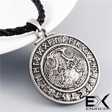 Load image into Gallery viewer, ENXICO Odin&#39;s Ravens Huginn and Muninn Amulet Pendant Necklace with Rune Circle Surrounding ? Light Grey Color ? Norse Scandinavian Viking Jewelry