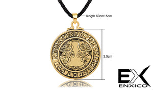 ENXICO Odin's Ravens Huginn and Muninn Amulet Pendant Necklace with Rune Circle Surrounding ? Light Grey Color ? Norse Scandinavian Viking Jewelry
