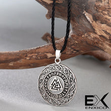 Load image into Gallery viewer, ENXICO Odin&#39;s Valknut Amulet Pendant Necklace with Rune Circle and Celtic Knot Circle Surrounding ? Gold Color ? Norse Scandinavian Viking Jewelry