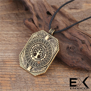 ENXICO Shield Amulet Pendant Necklace with Yggdrasil Tree of Life Pattern ? Gold Color ? Norse Scandinavia Viking Jewelry