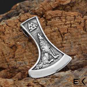 ENXICO Wolf and Raven Axe Head Pendant Necklace ? 316L Stainless Steel ? 316L Stainless Steel ? Nordic Scandinavian Viking Jewelry