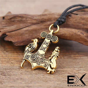 ENXICO Wolf and Raven Mjolnir Thor's Hammer Pendant Necklace ? Gold Color ? Nordic Scandinavian Viking Jewelry