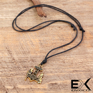 ENXICO Wolf and Raven Mjolnir Thor's Hammer Pendant Necklace ? Gold Color ? Nordic Scandinavian Viking Jewelry