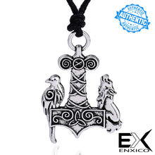 Load image into Gallery viewer, ENXICO Wolf and Raven Mjolnir Thor&#39;s Hammer Pendant Necklace ? Gold Color ? Nordic Scandinavian Viking Jewelry