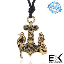 Load image into Gallery viewer, ENXICO Wolf and Raven Mjolnir Thor&#39;s Hammer Pendant Necklace ? Gold Color ? Nordic Scandinavian Viking Jewelry