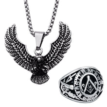 Load image into Gallery viewer, GUNGNEER Masonic Ring For Men Stainless Steel Eagle Wing Pendant Necklace Jewelry Set